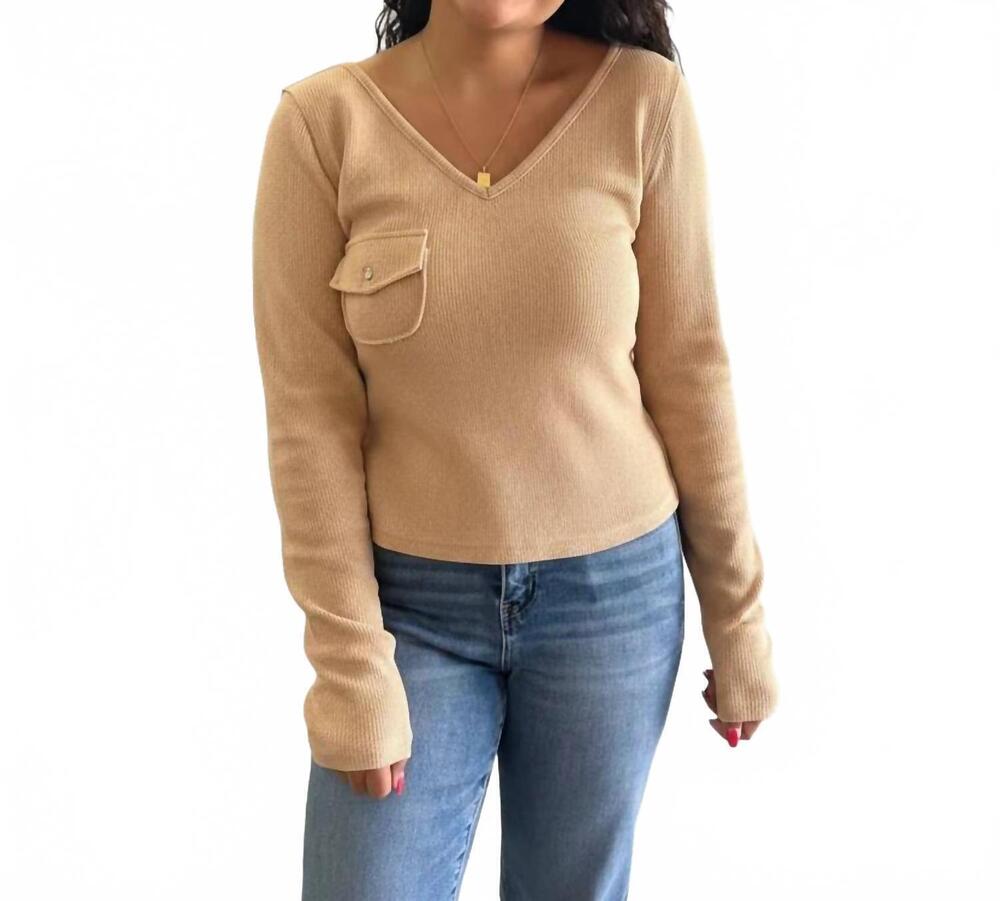 NEW POL women's waffle v neck crop long sleeve top in sand